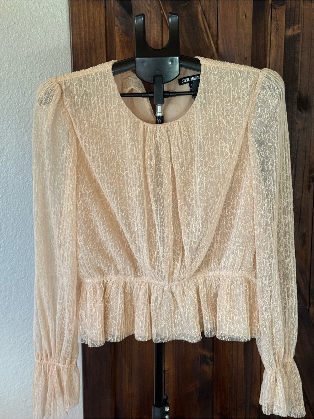 Steve Madden Sheer Lace Peplum Blouse in Cream Beige